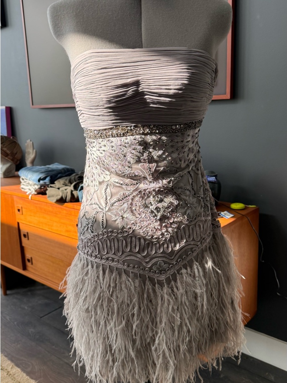 Sue Wong Strapless Embellished Feather Dress in Grey
